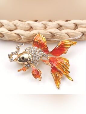 Gold & Orange Rhinestone Goldfish Brooch - Elegant Fish Pin